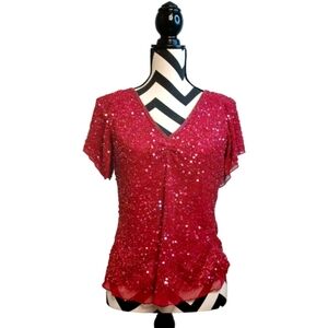 Adrianna Papell Boutique Valentines 100% Silk Sequin Beaded Glam Evening Blouse